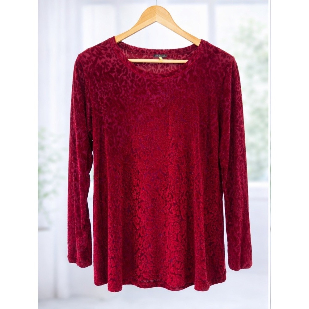 Hannah Red Velvet Burnout Size Small Fitted Stretchy Nylon Semi Sheer Pullover‎